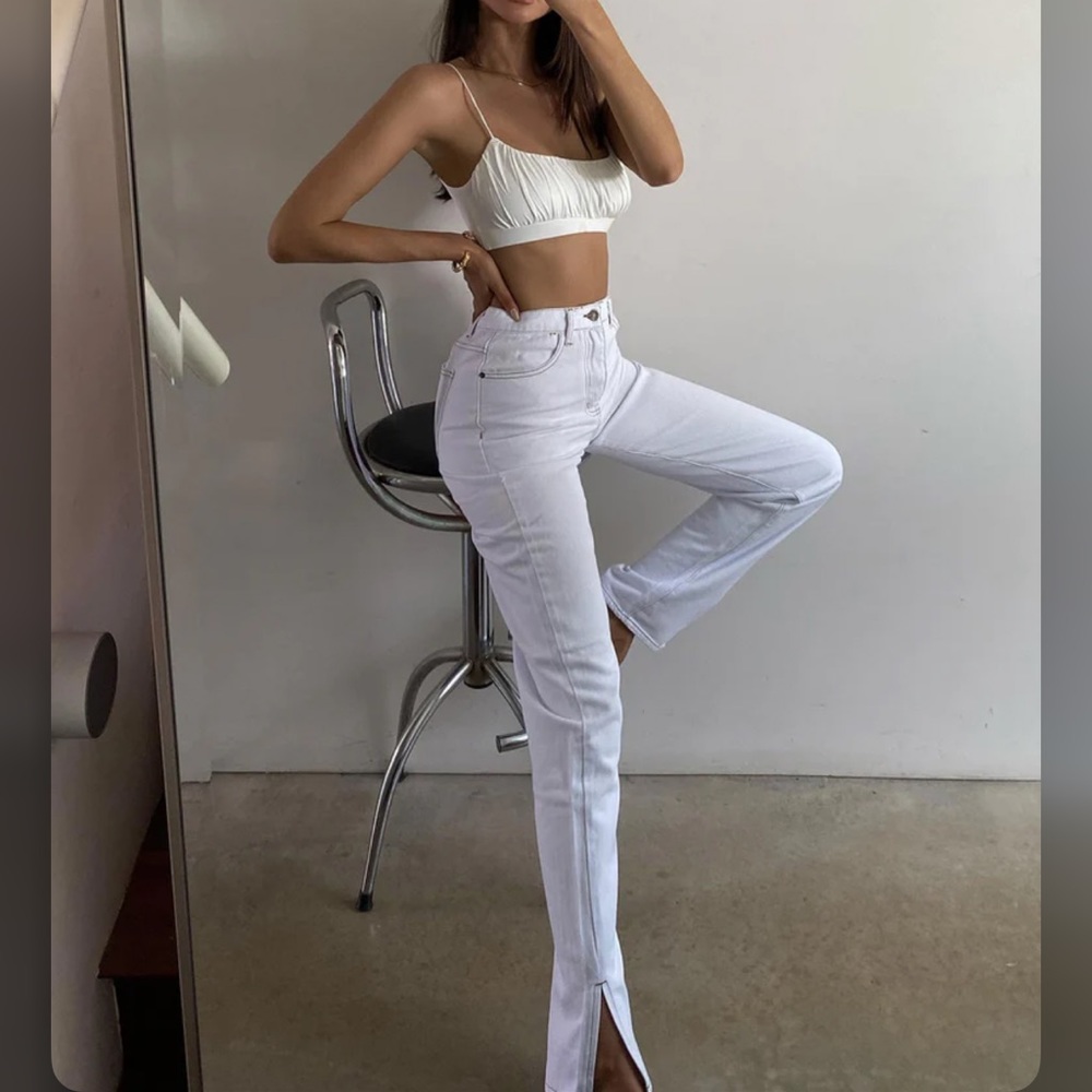 princess polly high waist split ankle straight leg jeans w brown contrast stitch